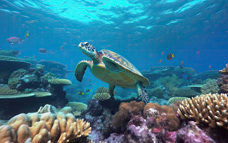 Green sea turtle underwater staring at camera, Generative AIの素材