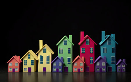 Neighbourhood of small houses of different colours and sizes on white background, Generative AIの素材