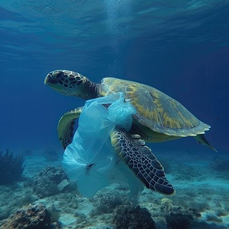 Green sea turtle with plastic bag on the seabed underwater.の素材