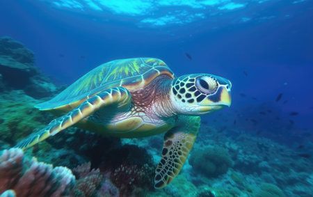 Green turtle underwater in ocean, Generative AIの素材