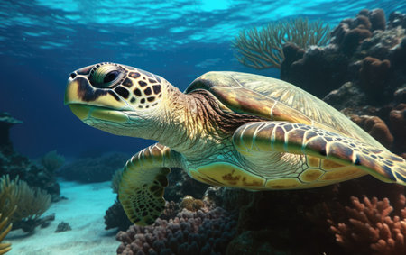 Close -up of green turtle underwater in ocean looking at camera, Generative AIの素材