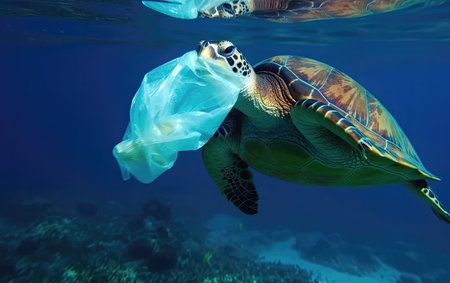 Turtle underwater in ocean eating plastic bag, Generative AIの素材