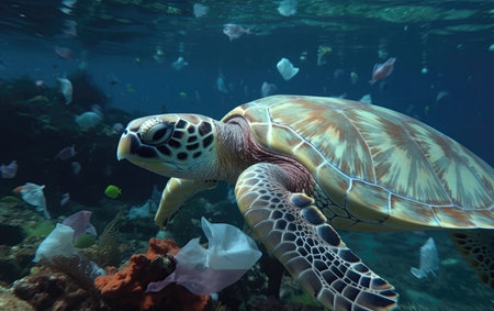 Close-up of turtle underwater in ocean surrounded by plastic bags and rubbish, Generative AIの素材