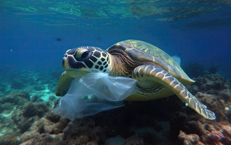 Close-up of turtle underwater in ocean eating plastic bag, Generative AIの素材