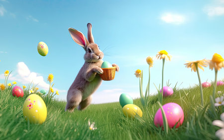 Easter bunny with basket of eggs on green meadow with flowersの素材