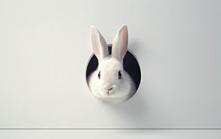 Rabbit peeking out of hole in white wall. 3d renderingの素材