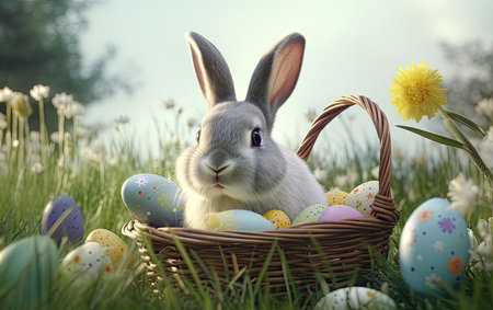 Cute bunny rabbit sitting in Easter basket with eggs, Generative AIの素材