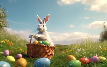Easter bunny with basket of eggs on green grass. 3d renderの素材