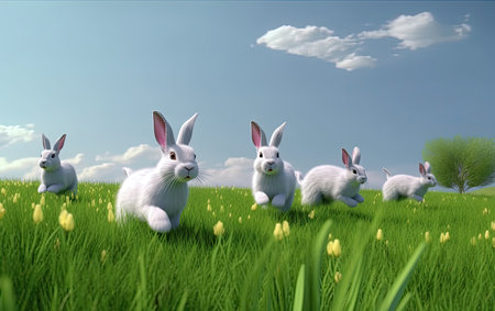 Rabbits in the grass. 3D render. Easter background.の素材