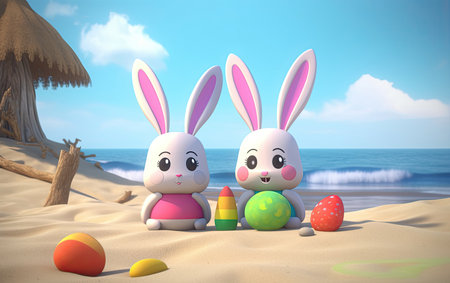 Easter bunny and eggs on the beach. 3d render.の素材