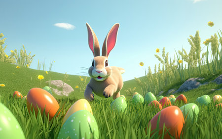 Easter bunny with eggs on the meadow. 3d renderの素材