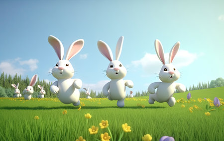 3d render of easter bunnies in the meadowの素材