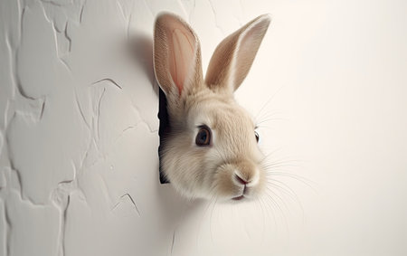 Rabbit peeking out of hole in white wall, closeupの素材