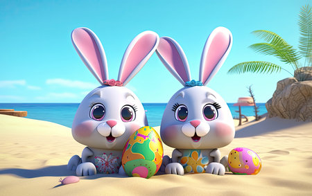 Easter bunnies with painted eggs on the beach. 3d renderの素材