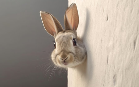 Rabbit peeking out of a hole in a white wall.の素材
