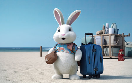 Cute happy bunny rabbit on a beach with luggage, Generative AIの素材