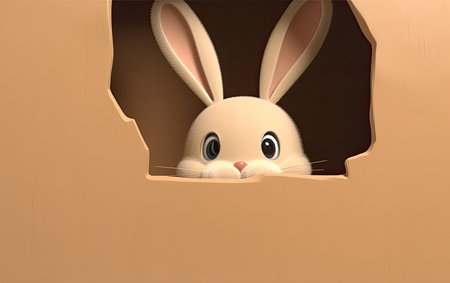 Rabbit peeking out of hole in brown paper. 3D renderingの素材