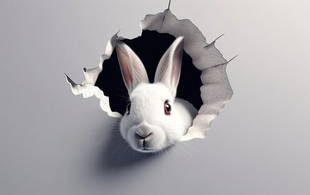 Rabbit coming out of hole in paper wall. 3d illustrationの素材