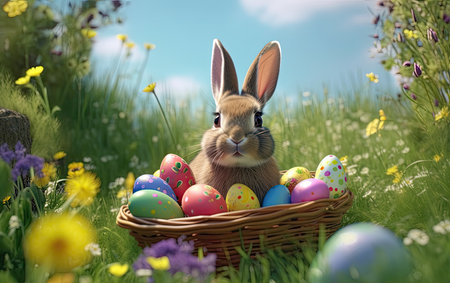 Cute bunny rabbit sitting in a basket with Easter eggs in green flower field, Generative AIの素材