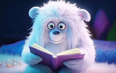 teddy bear reading a book on a blue background. 3d renderingの素材