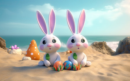 Easter bunnies with eggs on the beach. 3d renderの素材