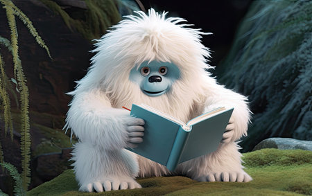 3d render of a cute white dog reading a book in the forestの素材