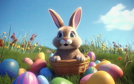 Cute bunny rabbit smiling and sitting in a basket with Easter eggs in green flower field, Generative AIの素材
