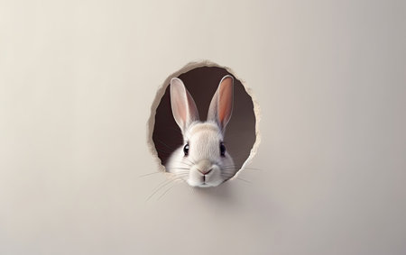 Rabbit peeking out of a hole in a paper wall.の素材