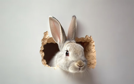 Rabbit peeking out of a hole in a paper wall.の素材