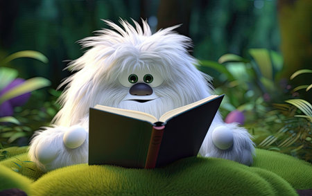 Cute dog reading a book in the garden - 3D renderの素材