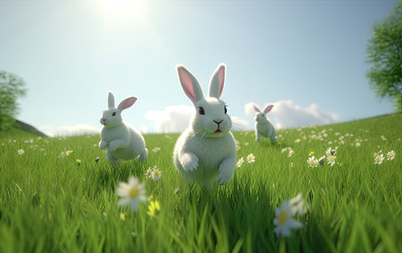 3d render of easter bunnies on the meadowの素材