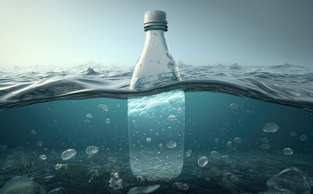 Plastic bottle floating in the sea. 3d rendering image.の素材