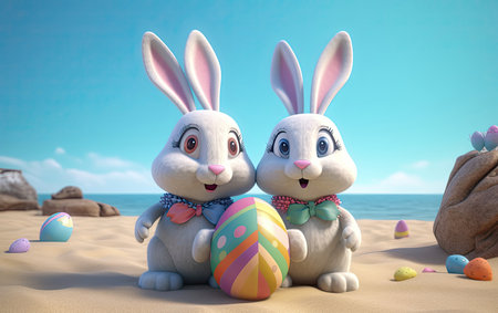 Easter bunnies with Easter eggs on the beach. 3d renderの素材