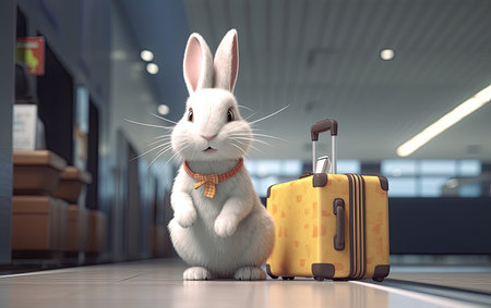 Cute bunny rabbit with luggage waiting in an airport, Generative AIの素材