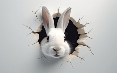 Rabbit peeking through hole in white paper. 3d illustrationの素材