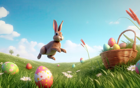 Easter bunny with basket full of colorful eggs on a green meadowの素材