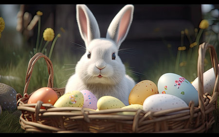 Cute rabbit bunny in an Easter basket, Generative AIの素材