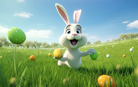 Easter bunny with easter eggs in the meadow, 3d renderの素材