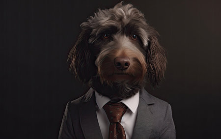 Browen pudle dog wearing a business suite studio portrait, Generative AIの素材