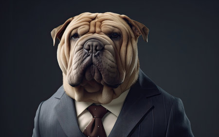 Dogue de Bordeaux dog in a suit on a dark backgroundの素材