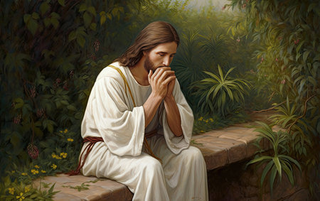 Jesus Christ sitting in the garden and praying, 3d digitally rendered illustrationの素材
