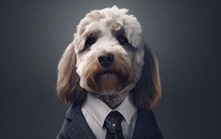 Pudle dog wearing a business suite studio portrait, Generative AIの素材