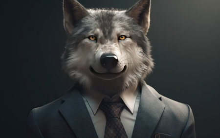 Wolf wearing a business suite studio portrait looking in front, Generative AIの素材