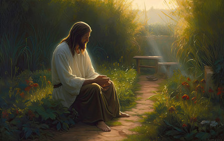 Young woman sitting on a bench in the garden in the rays of the setting sunの素材
