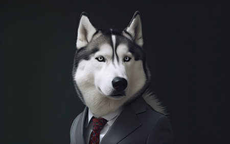 Portrait of a husky in a business suit on a black backgroundの素材