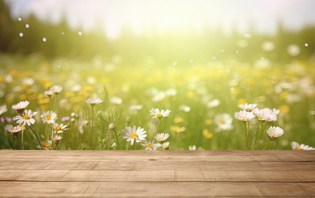 Wooden table in a meadow product display with lush green bloomed white flower background of grass and blurred foliage Generative AIの素材