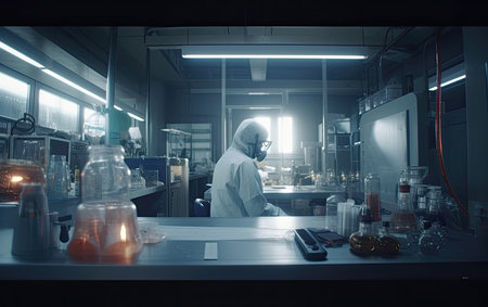 scientist researcher in a bright hi-tech laboratory working at desk wearing protection equipment, Generative AIの素材