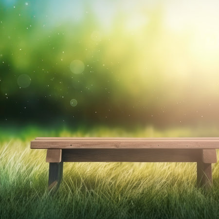 Wooden bench in a meadow with green bright light in garden background of grass and blurred foliage bokeh, Generative AIの素材