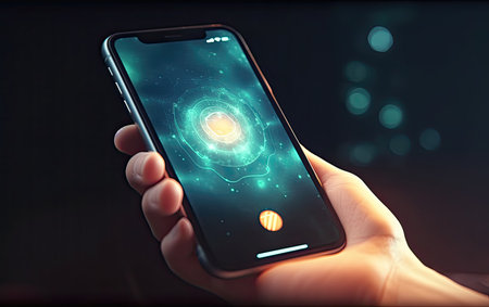 human hand holding smartphone with bright image on screen, Generative AIの素材