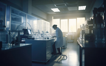 woman scientist in a bright and sunny hi-tech laboratory working at desk with mask on Generative AIの素材